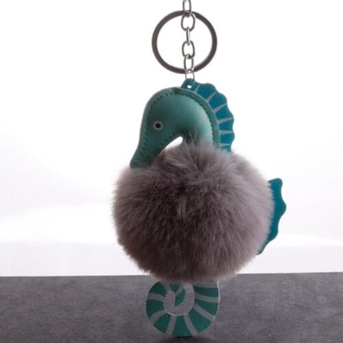 Sea Horse Keychain Faux Fur Ball Keyring Bag Hanging Pendant Pom Pom Key Chains for Bag Charms Trinket Key Ring Jewelry QS1817