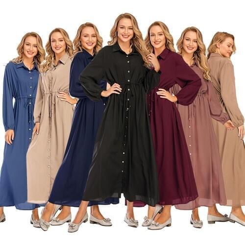 Muslim Women Dress Eid Mubarek Kaftan Dubai Abaya Lapel Hijab Shirt Dresses Caftan Islam Clothing Robe Femme Djellaba Vestidos