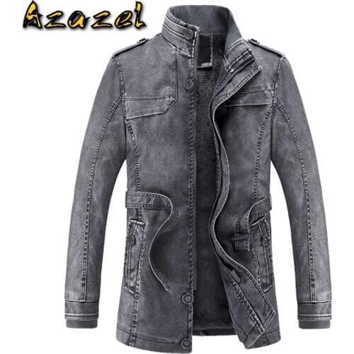 European and American Style Mens Smart Casual Business Winter Faux Leather Jacket Mens Thick Warm PU Trench Coats Imported C1202
