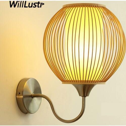Handmade Bamboo Globe Wall Lamp Pastoral Wood Stick Ball Sconce Aisle Doorway Corridor Foyer Porch Creative Metal Light Fixture