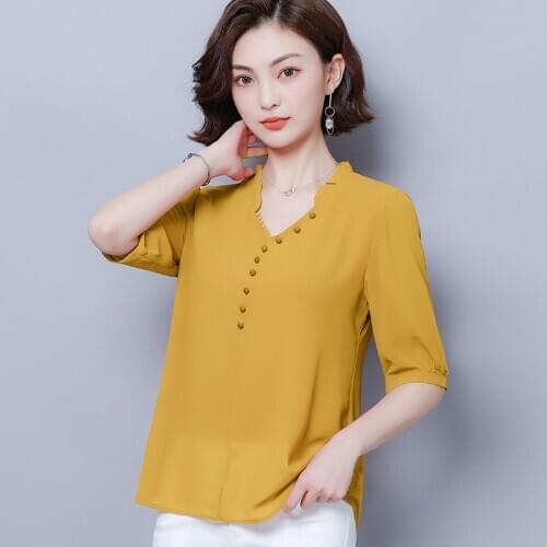 Plus Size Women Spring Summer Style Chiffon Blouses Shirts Lady Casual Half Sleeve V-Neck Loose Style Blusas Tops ZZ0250