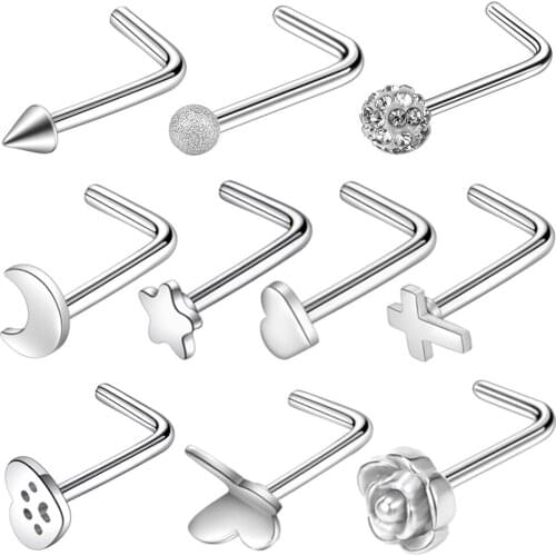 2Pcs 20G L Bar Footprint Rose Butterfly Heart Nose Stud Jewelry Stainless Steel Moon Nose Piercing Nostril Piercing Nose Ring