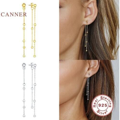 CANNER 925 Sterling Silver Earrings For Women Round Bead Ear Thread Huggie Earrings Dangle Zircon Pendientes Fine Jewelry Joyero