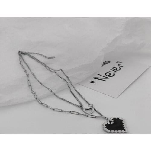 U-Magical Fashion Double Layer Mosaic Love Heart Pendant Necklace for Women Metallic Black Hollow Out Chain Necklace Jewelry