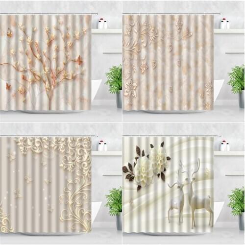Marble Pattern Shower Curtains Relief Flower Butterfly Elk Nordic Style Modern Home Decor Waterproof Fabric Bathroom Curtain Set