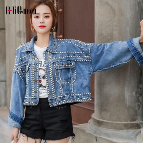 Women Punk Style Cool Denim Jacket Womens Jackets and Coats Streetwear Tassel Short Batwing Denim Sherpa Sequin Jacket Outerwear