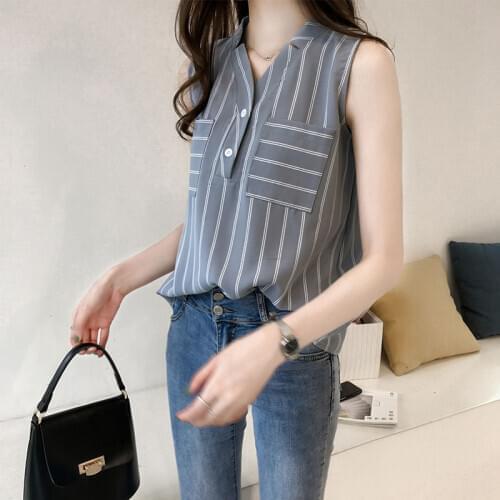 New Design Women Spring Summer Style Chiffon Blouses Shirts Lady Casual Sleeveless V-Neck Blusas Tops with Pockets DF1892
