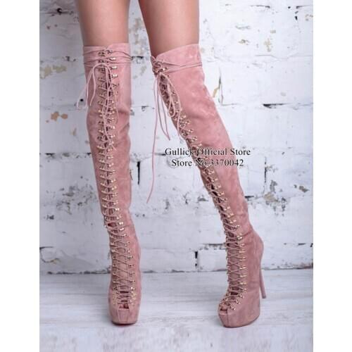 Sexy Pink Suede High Platform Long Boots Peep Toe Lace-up Studded Over The Knee Boots Hollow Stiletto Heels Dress Shoes