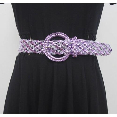 Fashion Women Waist Belt Elastic Weaving PU Waistband Bohemian Purple Pink White Woven Braided PU Femme Cinturon Dress Belt 2021