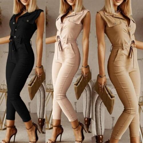 Khaki Womens Jumpsuit Solid Pantsuits Vest and One-Piece Trousers Elegant Lace Up Sleeveless Traf Playsuit Bodysuit 2021