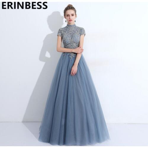 Robe De Soiree 2020 New Light Blue High Neck Beaded Prom Evening Dresses A Line Long Women Formal Party Gowns
