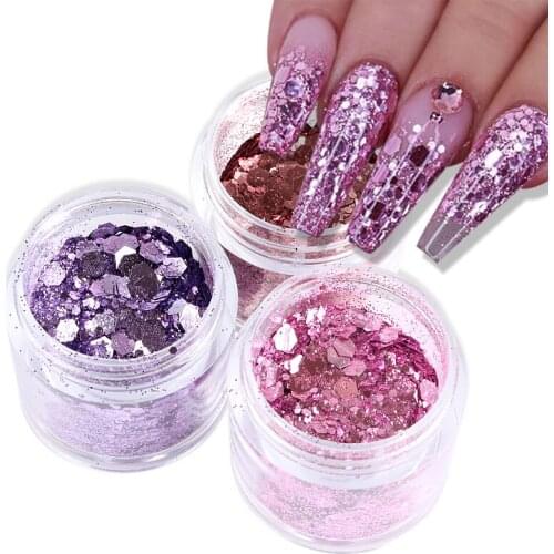 15Box Gradient Nail Glitter Rose Purple Pink Nail Powder Flake Mix Size Nail Decoration Accessories Wholesal Supplier