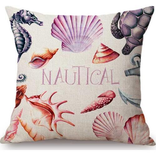18" Watercolor Nautical Ocean Style Seahorse Seashell Sofa Throw Pillow Home Decor Cotton Linen Star Fish Ruddle Cushion Cover