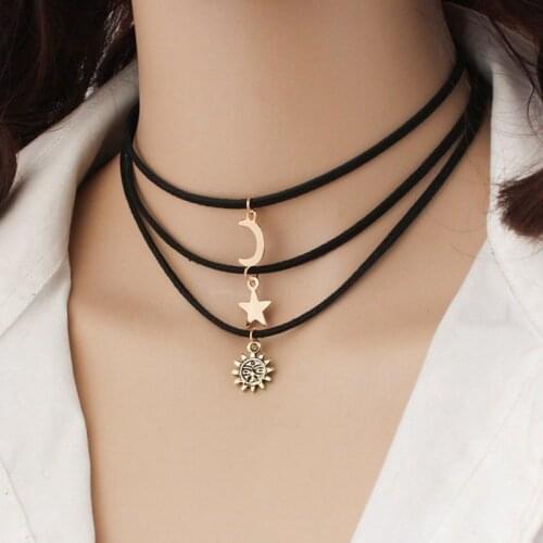 3Pcs/Set Star Moon Sun Chokers Necklaces Alloy Pendants Maxi Necklaces For Unisex Hot-selling Necklace Sets