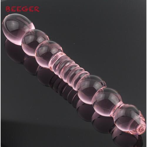 BEEGER Female transparent big heads crystal glass penis double dildo ribs stick anal toy plug butt plug stimulator sex toy