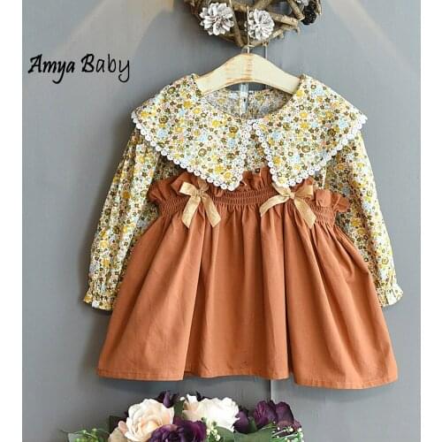 Amya Baby Girls Back To School Outfit Floral Long Sleeve Blouse + Dress 2Pcs Kids Fall Clothing Christmas Toddler Suit