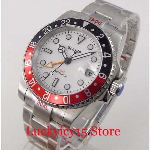 BLIGER White GMT 40mm Automatic Men Watch Alloy Insert Brushed Oyster Band Date Magnifier Black Hand Solid Back