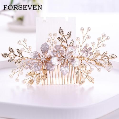 Flower Pearl Bridal Hair Comb Wedding Hair Accessories Golden Flower and Leaf Hair Comb Wedding Headdress Bride Tiara