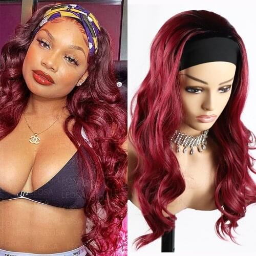 Ombre Wine Red Body Wave Headband Wig Long Hair Wavy Daily Cosplay Wear 1B/Burgundy Red Glueless Synthetic Wigs for Black Women