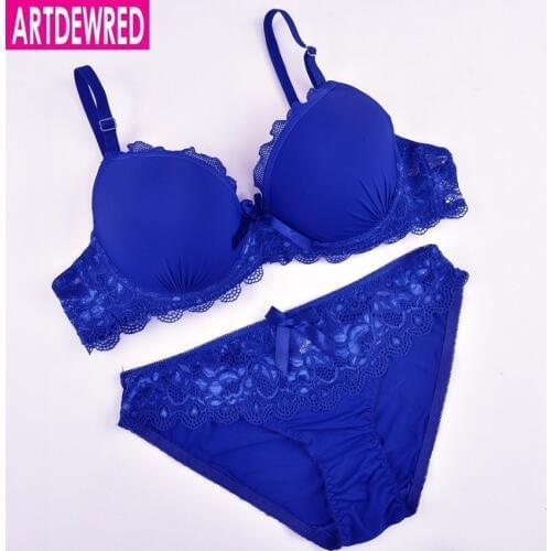 New 2018 Women Lace Underwear Push Up Side Support Plunge Bra and Panty Set Lingerie Plus Size Bras Briefs Sets Blue White