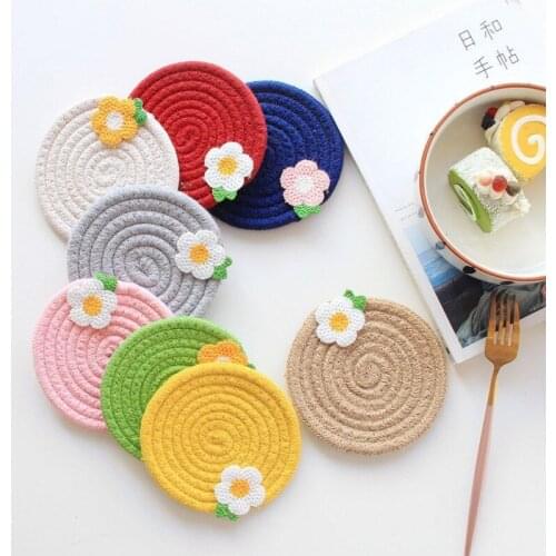 12cm Diameter Small Flower Insulation Pad Cup Pad Cotton Wire Woven Cotton Rope Bowl Pad Korea Simple Heat Insulation Pad