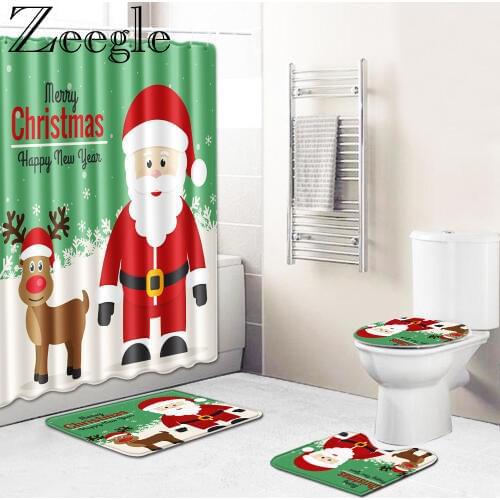 Bath Mat Shower Curtain Set for Christmas Bathroom Carpet Mat Toilet Shower Room Bathroom Rug Toilet Lid Cover U-shaped Foot Mat
