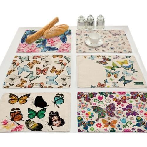 Butterfly Flowers Linen Decorative Print Placemats for Dinner Table Mat Flower Design Kitchen Nordic Accessories Drink Coasters