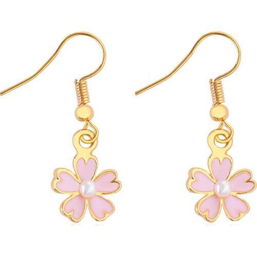 Little White Simulated Pearl Pink Petals Cherry Blossoms Flower Stud Hook & Clip Women Cute Dangle Earrings Drop Earrings