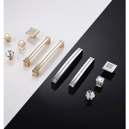 Fashion deluxe glass diamond furniture decotation handles crystal wine cabinet drawer knob golden silver dresser square pull