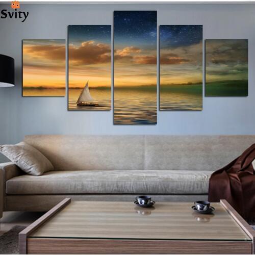 2017 new 5 Panel Boat Lake Landscape Painting Pictures Sunset Scenery Painting Beach Wall Picture Prints On Canvas No Frame A111
