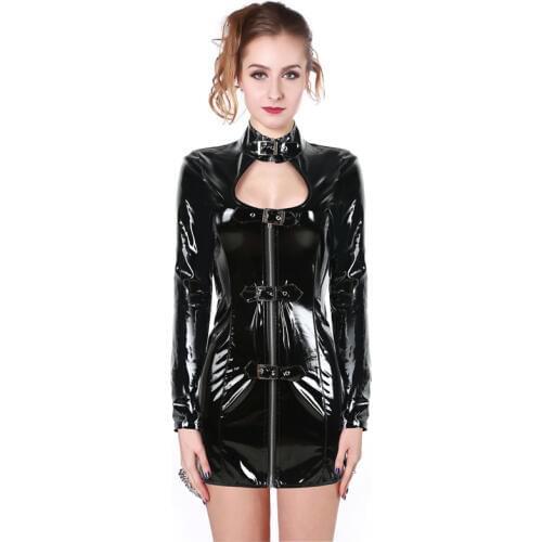 New Arrival Black PVC Dress Front Buckle Mini Dress Long Sleeve Keyhole Front Catsuit Tight-fitting Party Costume S-XXL