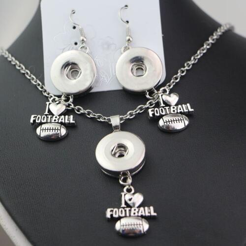 Wholesale 10sets/lot 50cm lick chain I love football sports necklace earring fit 18mm metal button snap jewelry set women men