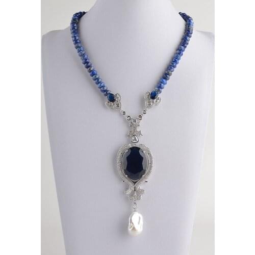 Womens 19'' Faceted Rondelle Lapis Necklace Keshi Pearl CZ Pendant