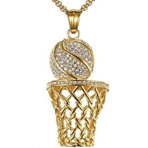 Hip Hop Iced Out Basketball Frame Pendant Necklaces Male Gold Color Stainless Steel Sports Necklace Men Jewelry Dropshipping