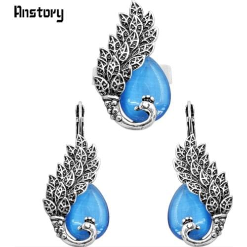 CuteTransparent Purple Opal Peacock Jewelry Sets Earrings Ring For Women Antique Silver Plated Fashion Gift