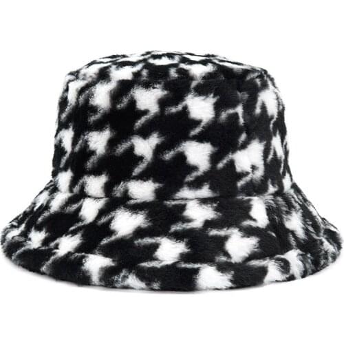 Warm Bucket-Hats Luxury Winter Outdoor Vacation Men Women Panama Hat Houndstooth Thickened Soft Faux Fur Rabbit Fisherman Cat