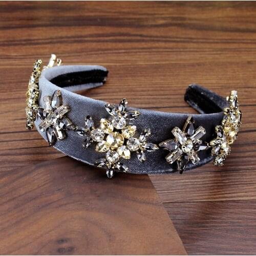 Vintage Luxurious Hair Accessories Wide Grey Crystal Hairbands Velvet Flower Rhinestone Headbands For Party Women