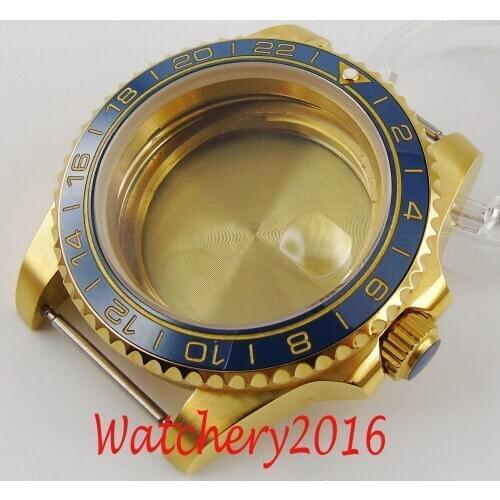 Luxury Automatic Gold Coated Watch Case Fit ETA 2836 MIYOTA 8215 821A 8205 Movement Sapphire Glass with magnifier Ceramic Bezel