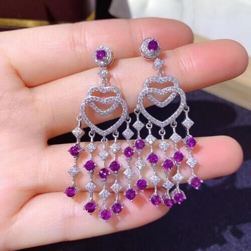 Luxurious big tassels heart S925 silver natural red garnet drop earrings natural gemstone earrings women party gift fine jewelry