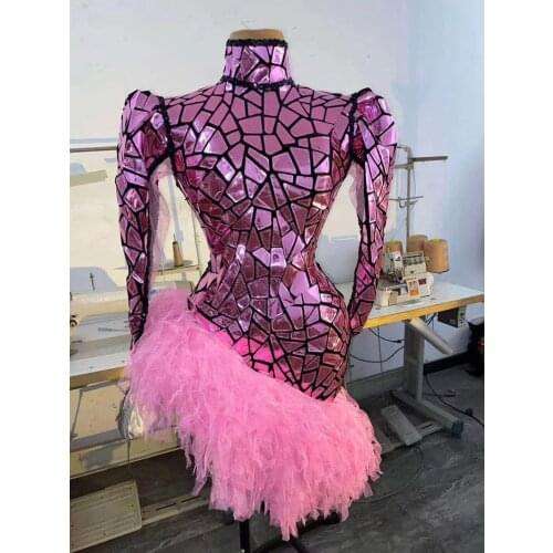 Stage Costume For Singer Women pink Mirror long sleeve Dress backless tight lace Sexy Party Prom Birthday Dresses club celebrity