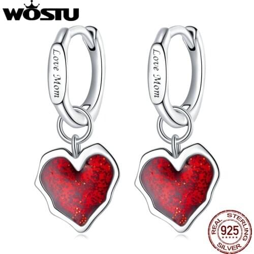 Wostu Drop Earrings 100% 925 Sterling Silver Red Heart Lover Earrings For Women Wedding Fine Luxury Jewelry Gift DAE484