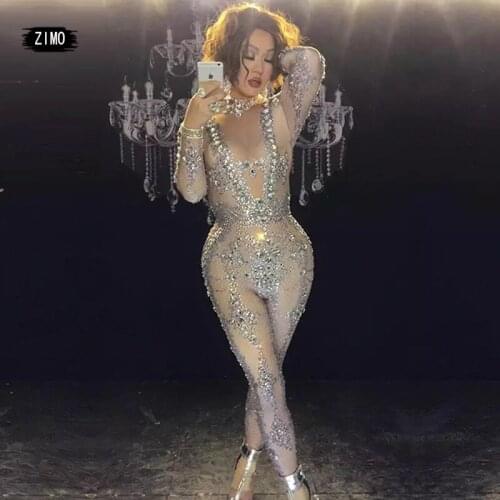 Rhinestones Sparkly Jumpsuit women Sexy Big Stretch stage Dance Costume Sexy One-piece Bodysuit Party night club Birthday Outfit