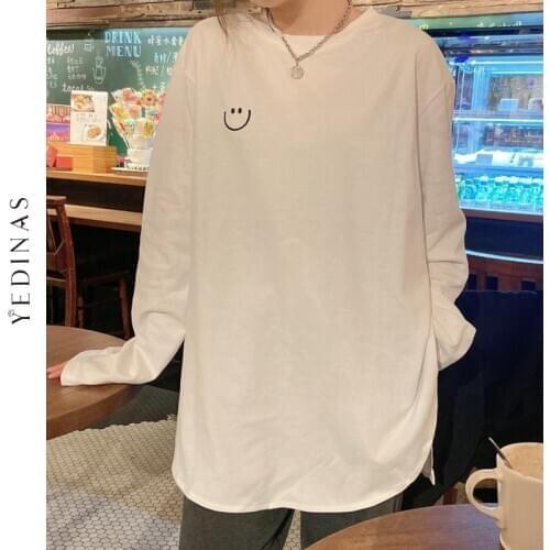 Yedinas Smiling Face White T Shirt Women Harajuku Overside Long Sleeve Tshirt O-neck Korean Style Female Solid Loose Tee Shirt