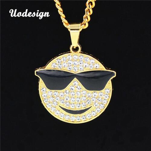 Uodesign Hip Hop Gold Color Alloy Jewelry Inlay Rhinestone Smile Glasses Pendant Necklace Men Women Boyfriend Memorial Gift