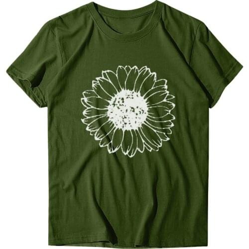 Women Fashion Casual Round Neck Short Sleeve Casual Printed T-Shirt Solid Color Big Abstract Lines Chrysanthemum Printing Shirt