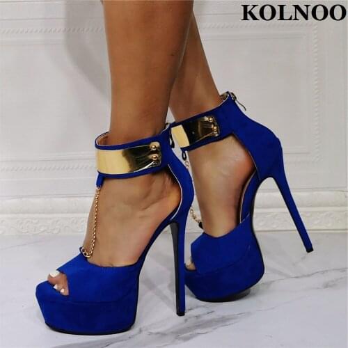 Kolnoo Handmade Large Size 35-47 Ladies High Heels Sandals Chain&Bling Open-Toe Sexy Party Shoes Evening Fashion Blue Prom Shoes