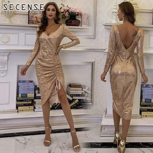 Midi Dresses Women Gold Sequinned Female Long Sleeve Sexy V Neck Folds Drawstring Slim Irregular Dress Solid Color Skirt SECENSE
