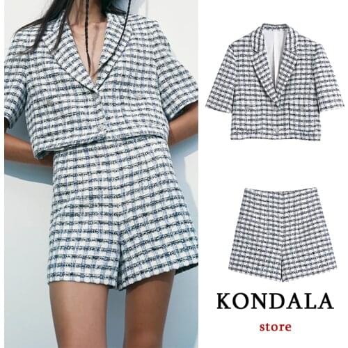 Women Chic Plaid Print Office Lady Suits Za 2021 V Neck Short Sleeve Short Blazer and High Waist Zipper Shorts Elegant Suits