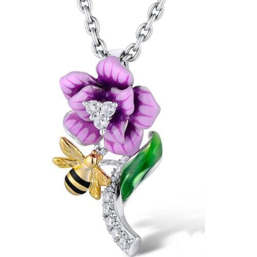 Bee Flower Silver Statement Pendant Necklaces for Women Unique Personalized Purple Enamel Chain Charming Necklace Animal Jewelry