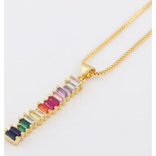 Gold Filled Rainbow Bar Necklace Multi Color Baguette Conbic Zirconia Stone Long Choker Necklaces For Women Statement Jewlery
